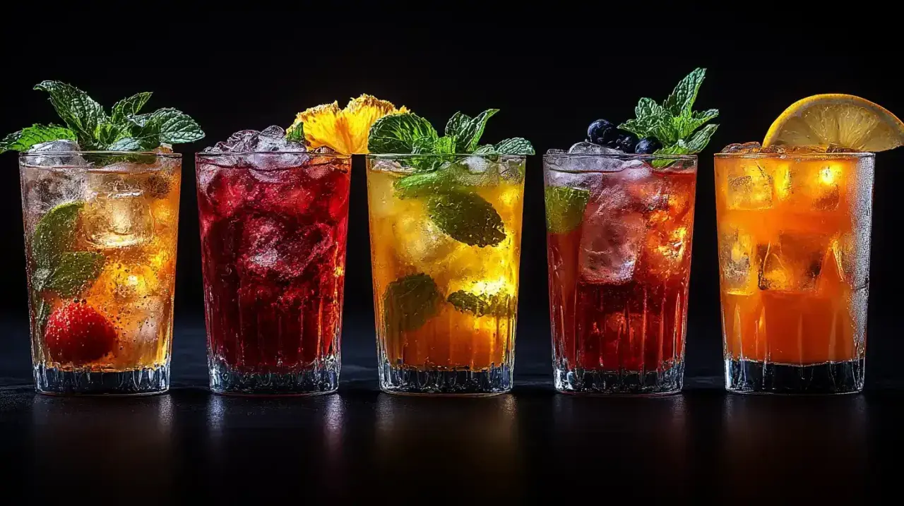 Pięć kolorowych, popularnych drinków z lodem, owocami i miętą, gotowych do orzeźwienia.