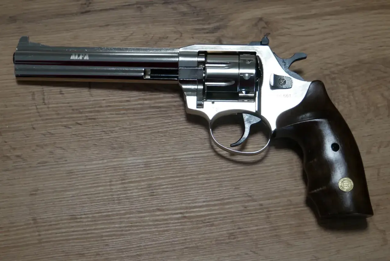 Revolver chromé, poignée bois, modèle 661. Prêt pour une munition calibre 35 grenaille.