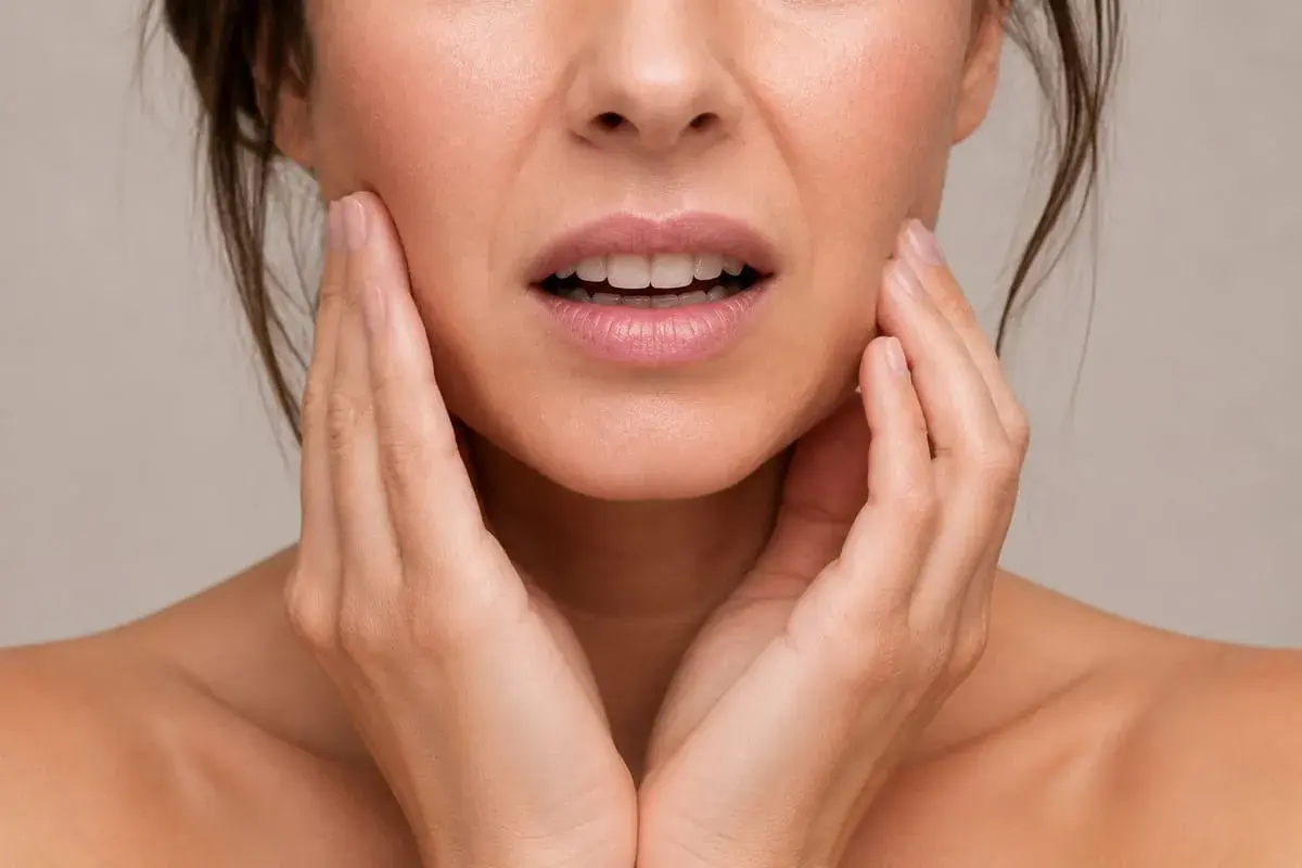 Mujer con expresión de dolor, tocándose la mejilla. Podría ser dolor después de empaste.
