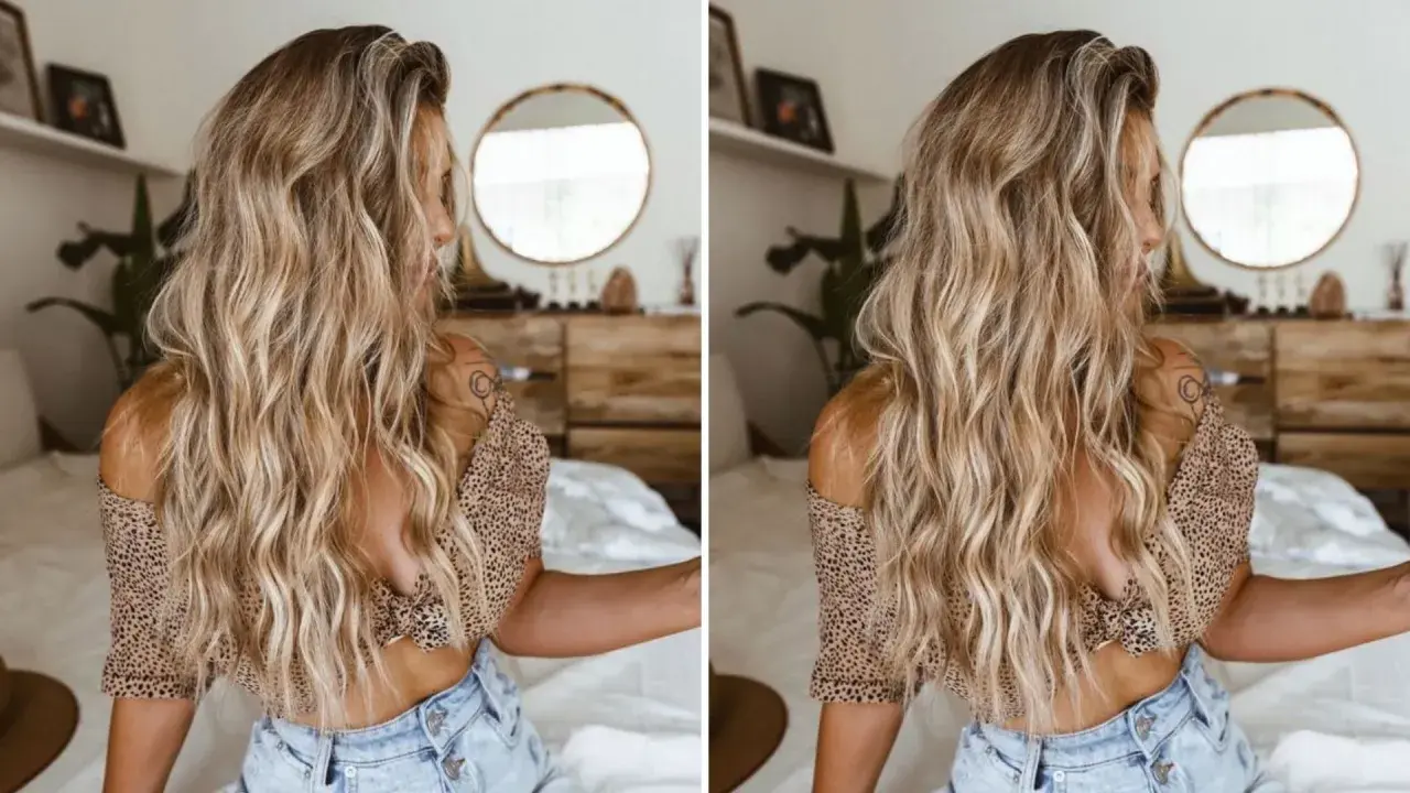 Blondynka z burzą falowanych włosów, niczym po dniu na plaży. Jej luźne, beach waves hair idealnie komponują się z letnią stylizacją.