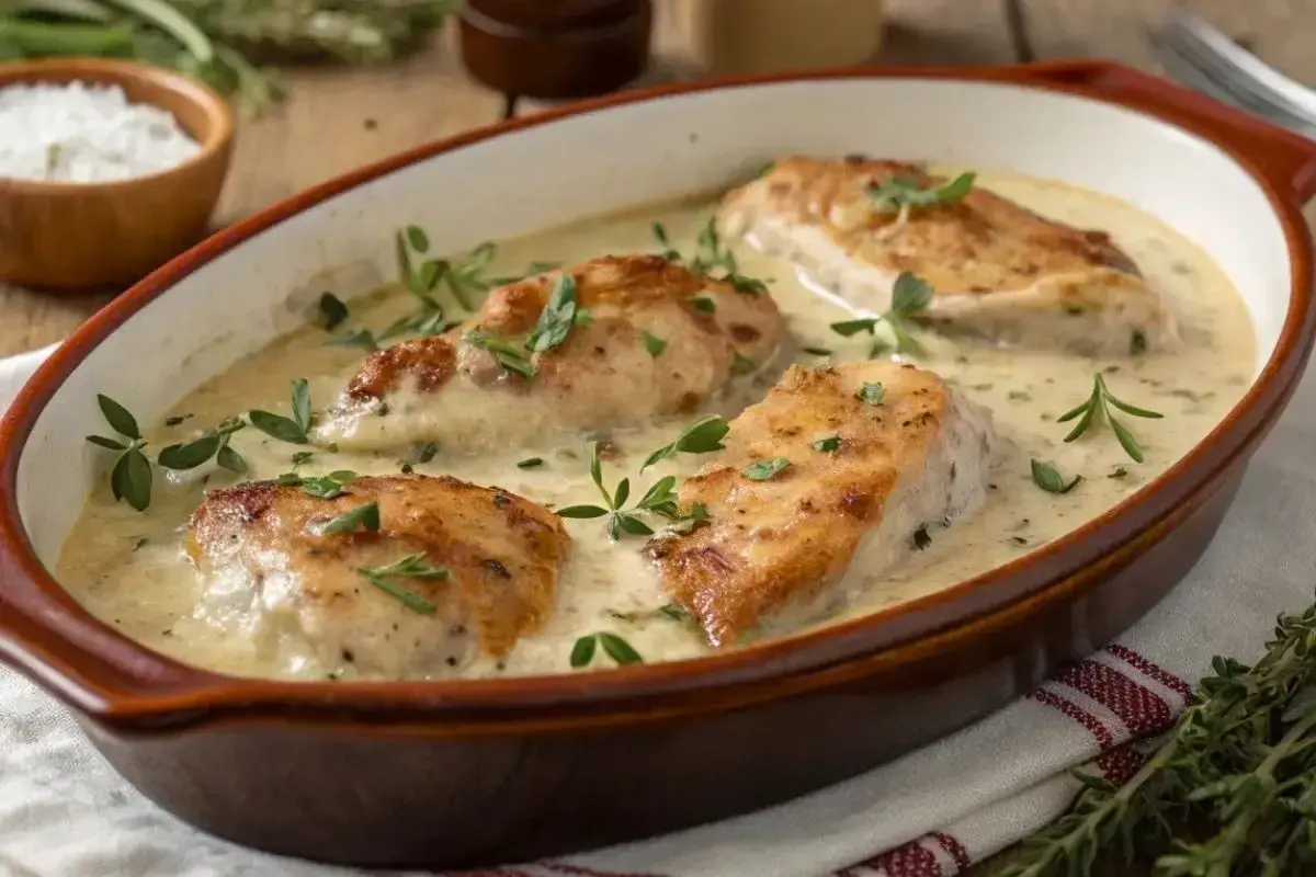 Quatre morceaux de poulet dorés baignant dans une sauce crémeuse onctueuse, garnie d'herbes fraîches. Un délice de poulet à la crème.