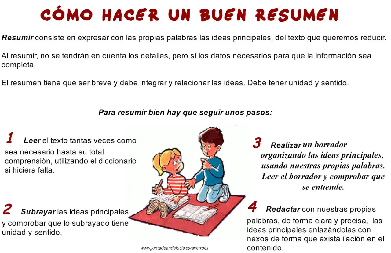 Ilustración de dos niños estudiando, aprendiendo qué es un resumen. Explica cómo hacerlo paso a paso.