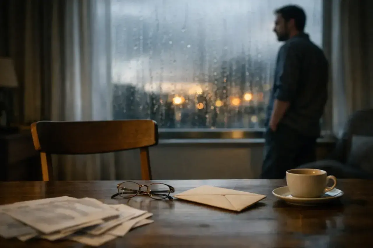 Mężczyzna patrzy przez okno w deszczowy wieczór. Na stole leżą dokumenty, koperta i okulary, sugerujące rozważania o zachowku i jego przedawnieniu.