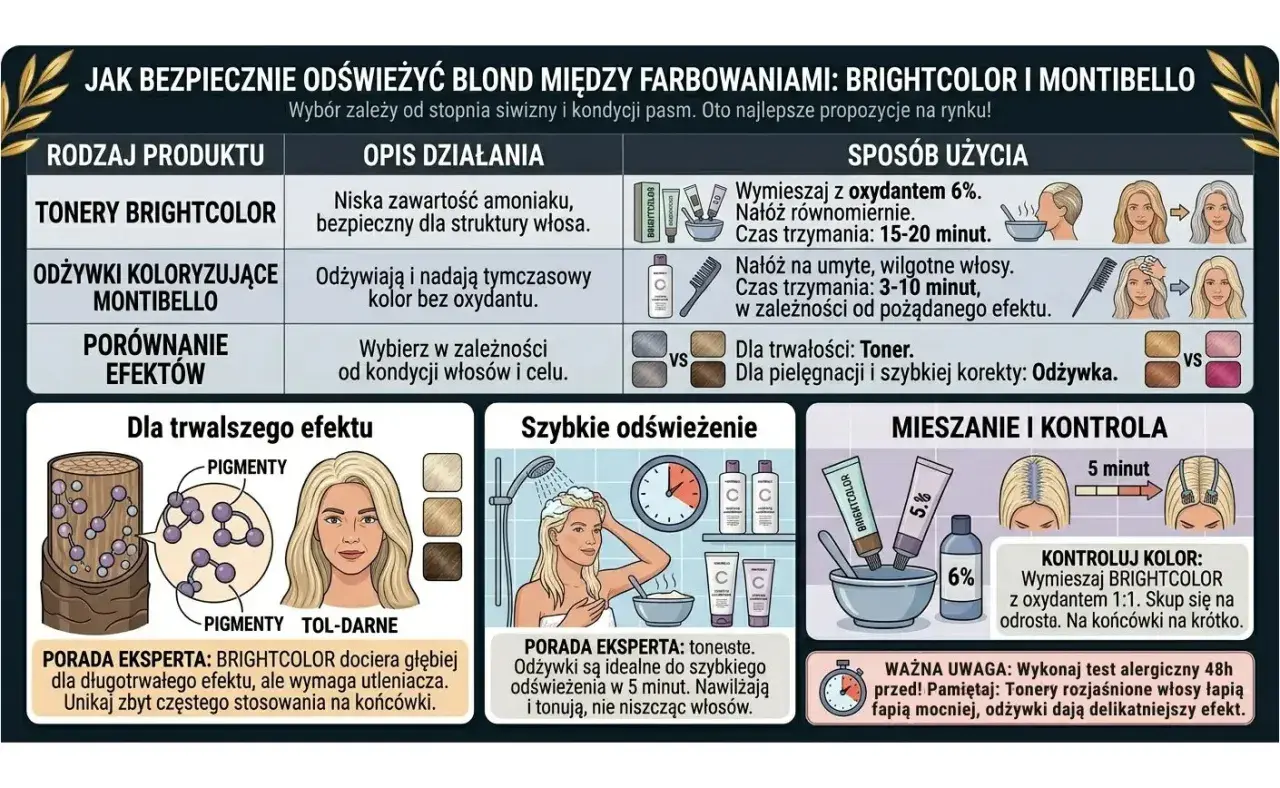 Grafika porównująca tonery do włosów Brightcolor i odżywki Montibello, z ilustracjami aplikacji i efektów.