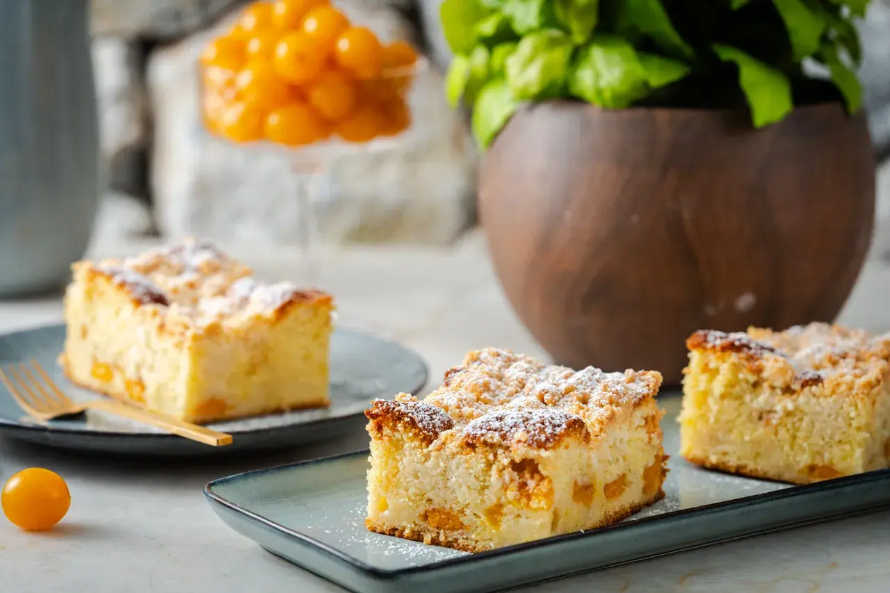 Saftiger Mirabellenkuchen mit Streuseln und Puderzucker bestäubt, serviert auf blaugrauen Tellern. Ein Genuss für jeden Kaffeetisch.