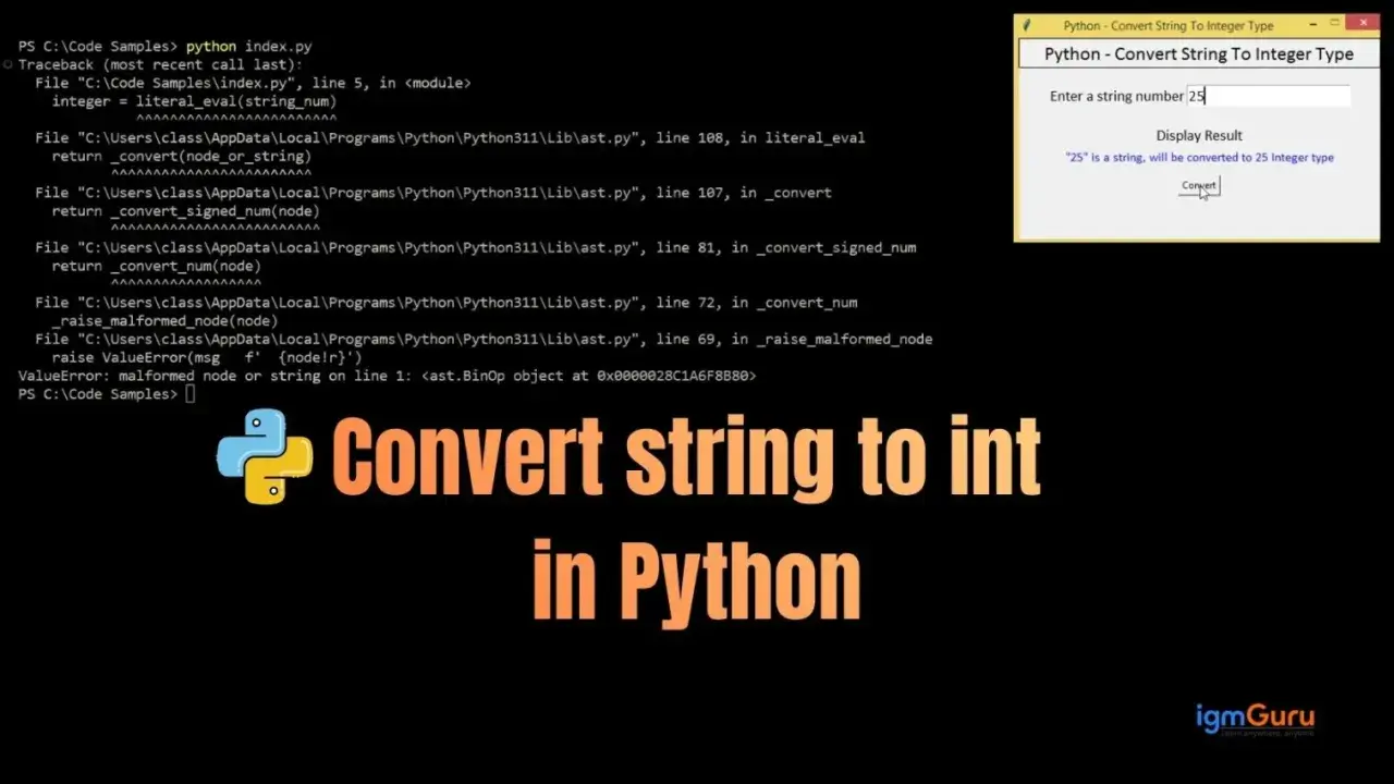 Python: zamiana string na int. Przykład konwersji "25" na liczbę całkowitą.