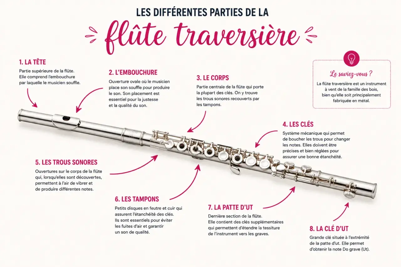 Une flûte traversière en métal, avec ses différentes parties expliquées : tête, embouchure, corps, clés, trous sonores, tampons, patte d'Ut et clé d'Ut.