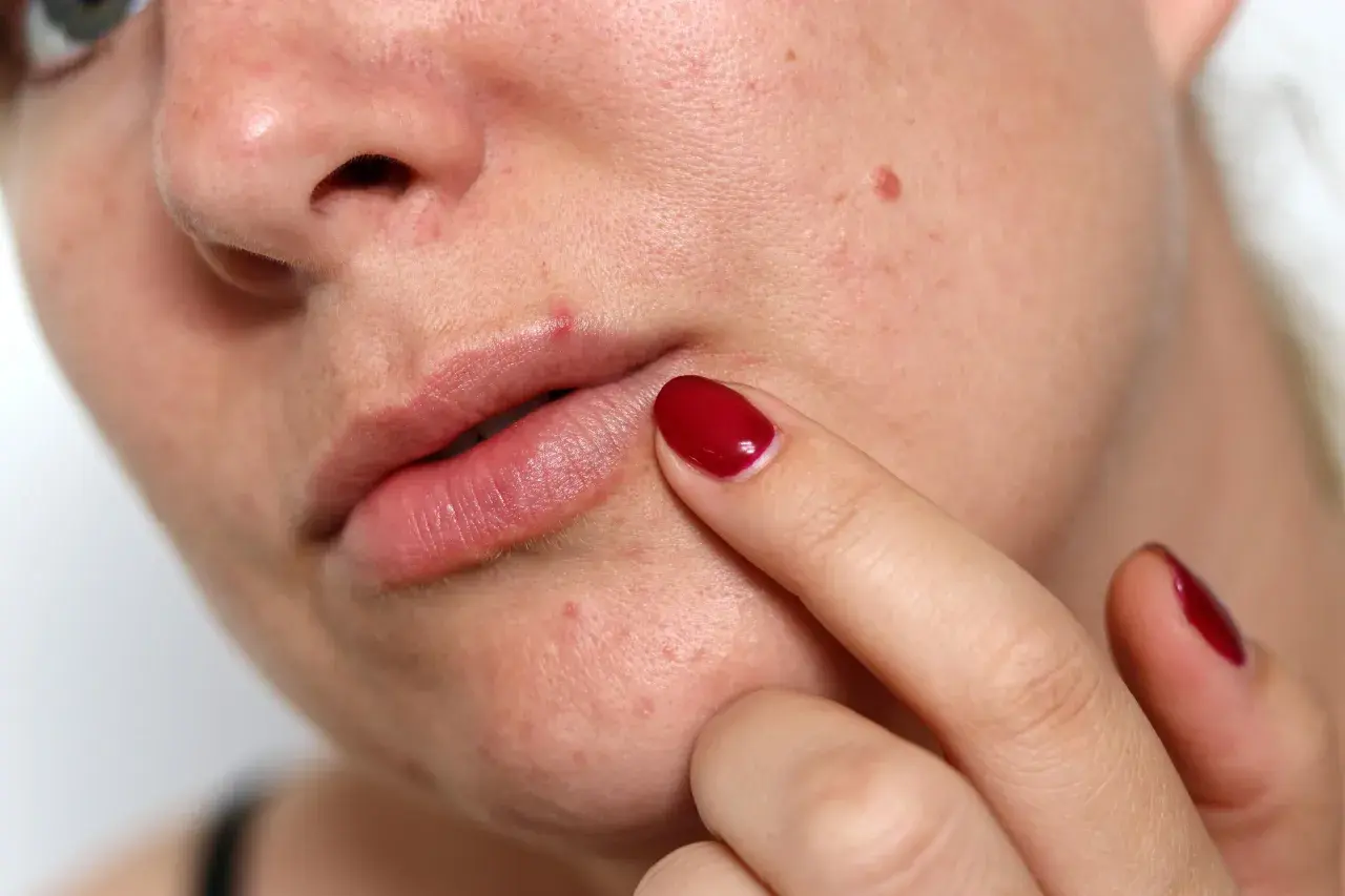 Nahaufnahme von Lippen und Nase mit einigen Mitessern an der Lippe. Eine Hand mit rotem Nagellack berührt sanft die Haut.
