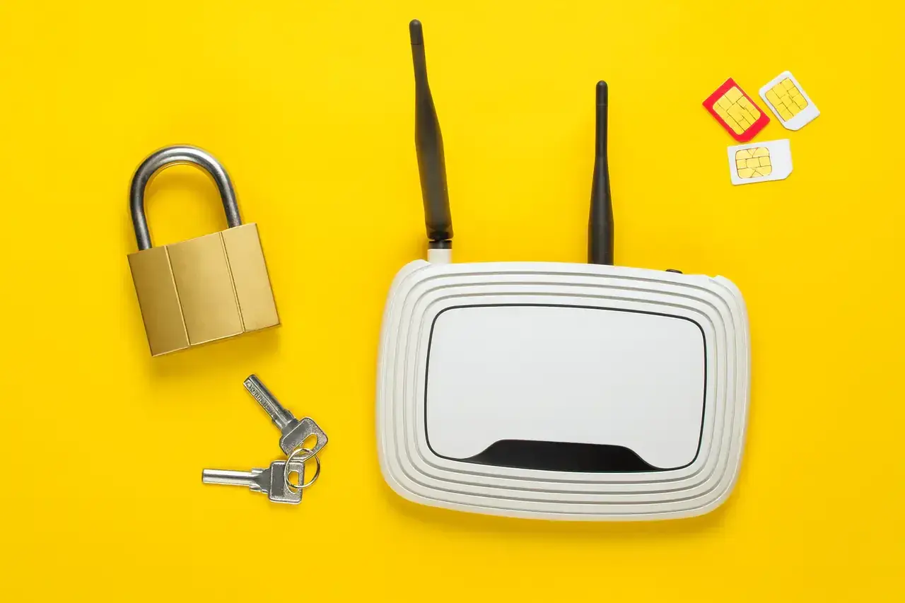 Router z antenkami, kłódka, klucze i karta SIM do routera.