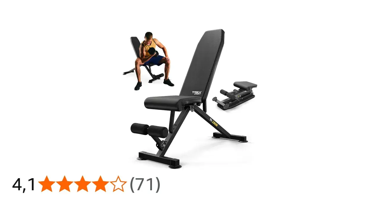 Verstellbare Hantelbank von T-Rex Sport für effektives Krafttraining. Ein Mann trainiert mit Hanteln.
