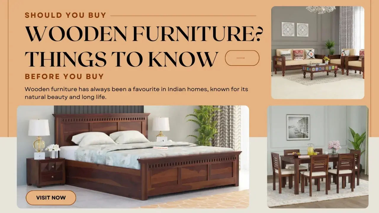 Beautiful solid wood material furniture, including a bed, sofa set, and dining set, showcased in a home setting.