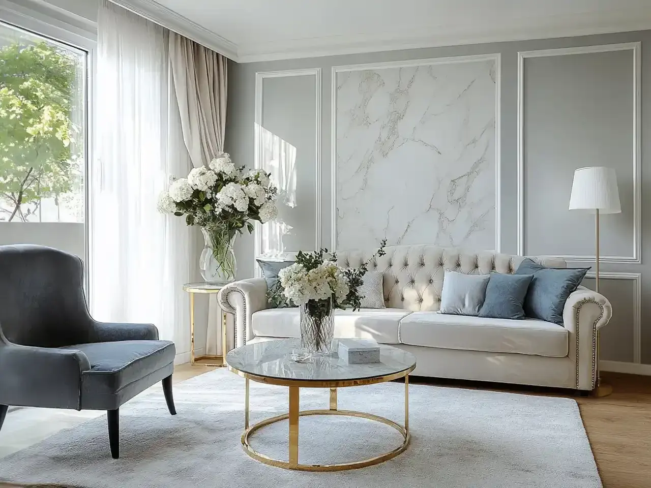 Elegancki salon z sofą i fotelem. Inspiracja na to, jak zrobić ścianę w salonie z efektem marmuru.