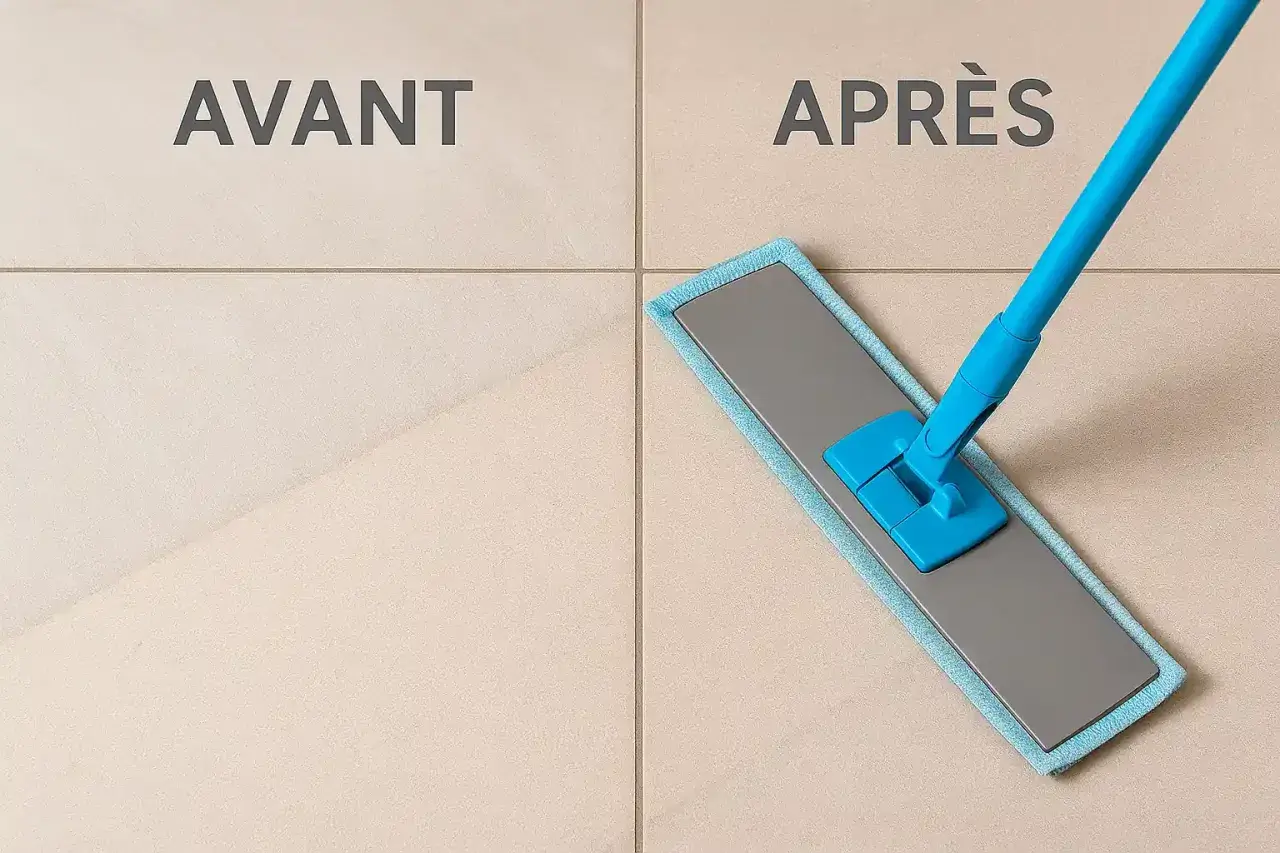 Avant/après : un balai bleu nettoie le carrelage, montrant l'efficacité pour enlever la laitance du carrelage.