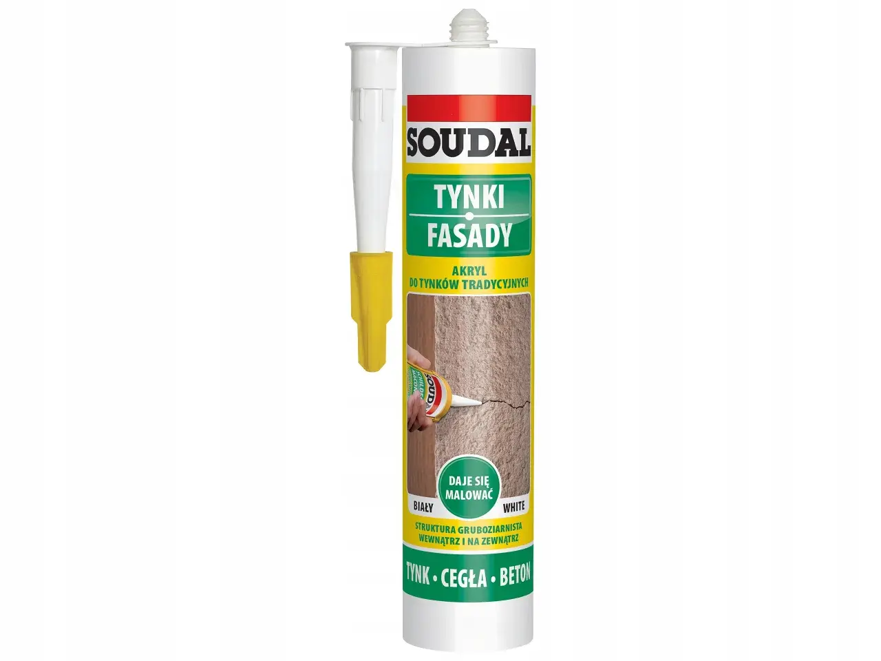 Soudal Tynki Fasady – biały akryl na zewnątrz, idealny do tradycyjnych tynków, cegły i betonu. Daje się malować.