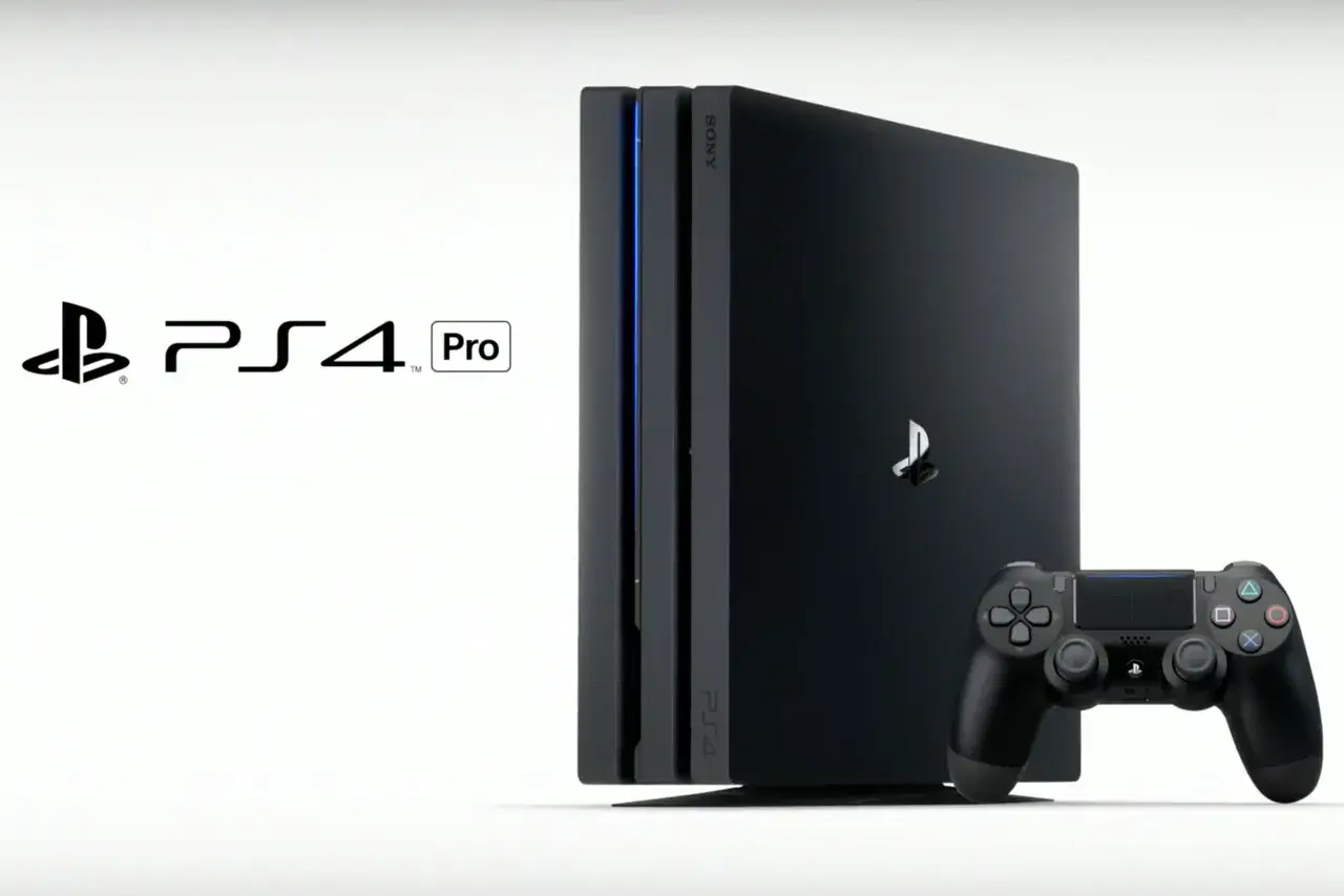 Konsola PlayStation 4 Pro z kontrolerem DualShock 4 na białym tle.