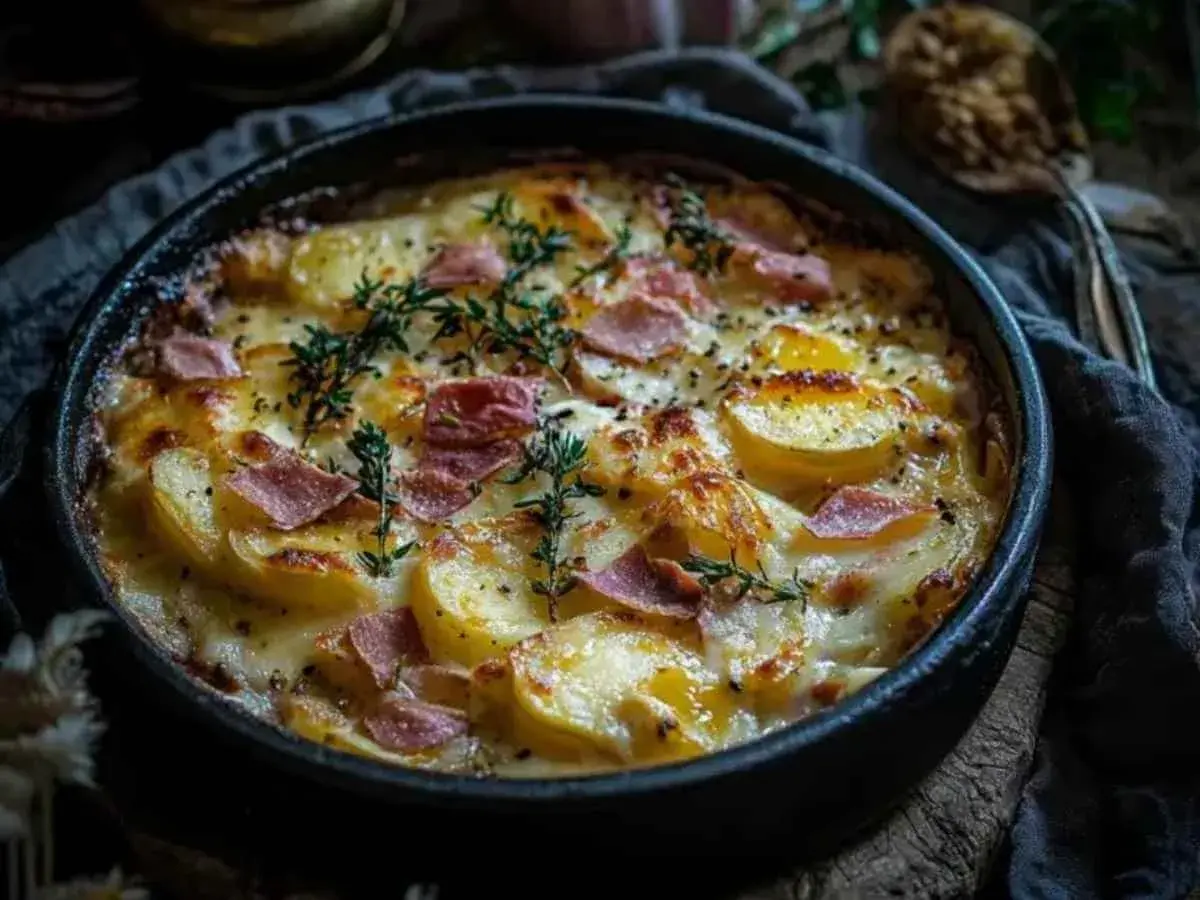Un plat de tartiflette gratiné, avec des pommes de terre, du lard et du fromage fondant, garni de thym frais. Une recette réconfortante.