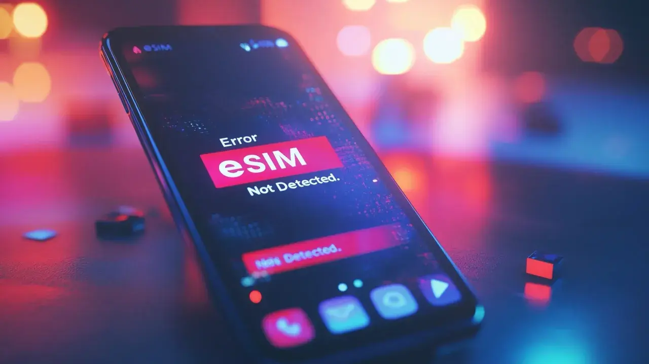 Un smartphone affiche un message d'erreur "eSIM Not Detected". La carte e-SIM semble avoir un problème.