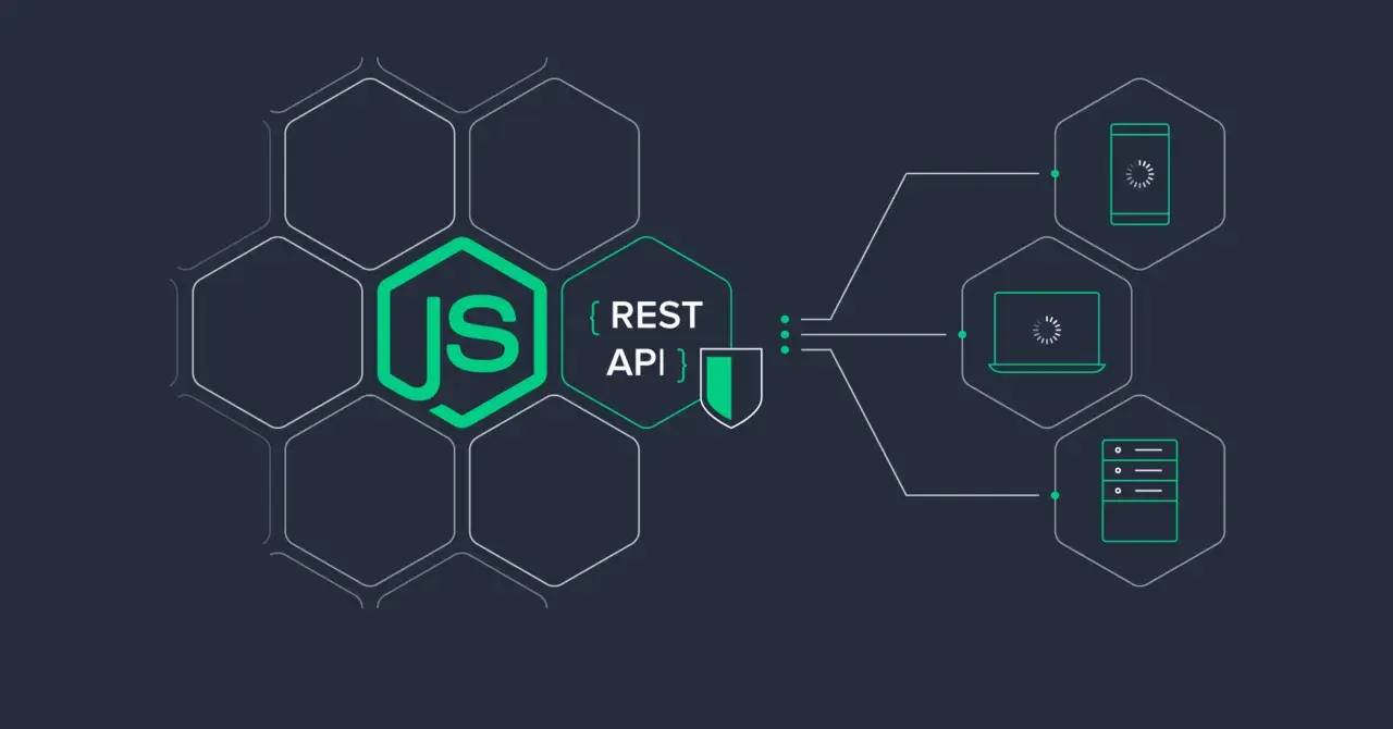 Illustration d'un logo Node.js et d'une API REST sécurisée, connectée à des appareils comme un téléphone, un ordinateur portable et un serveur. Idéal pour un tuto Node.js.