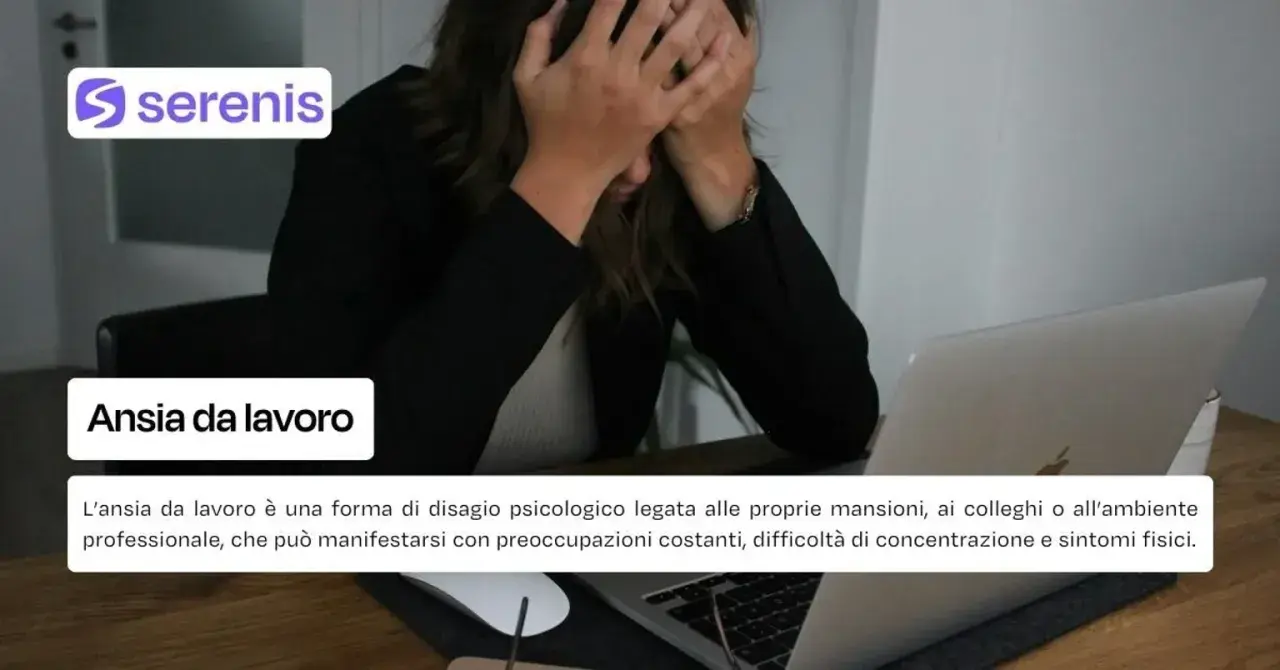Woman with hands on head in front of a laptop, with text overlay about work anxiety.
