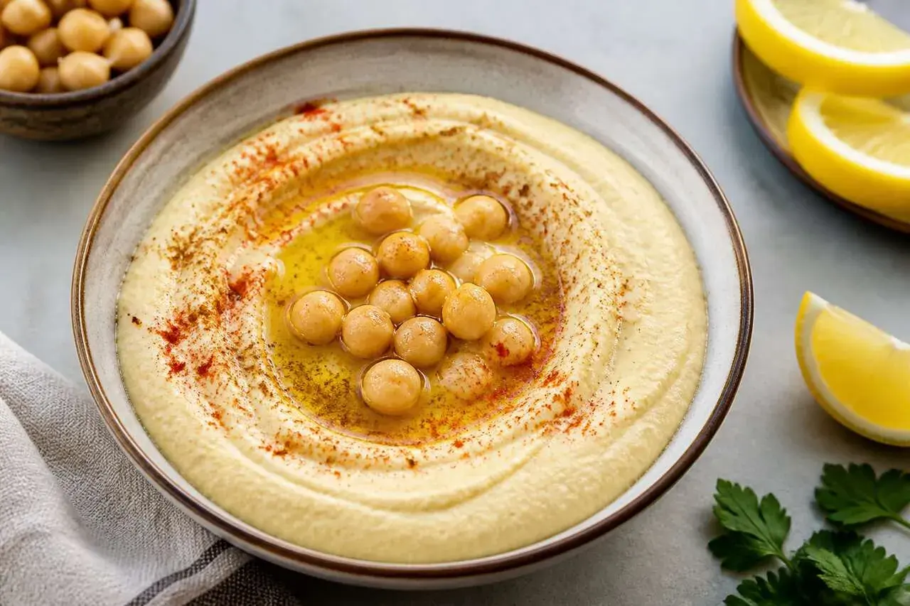 Houmous sans tahini crémeux, garni de pois chiches, d'huile d'olive et de paprika. Servi avec des quartiers de citron.
