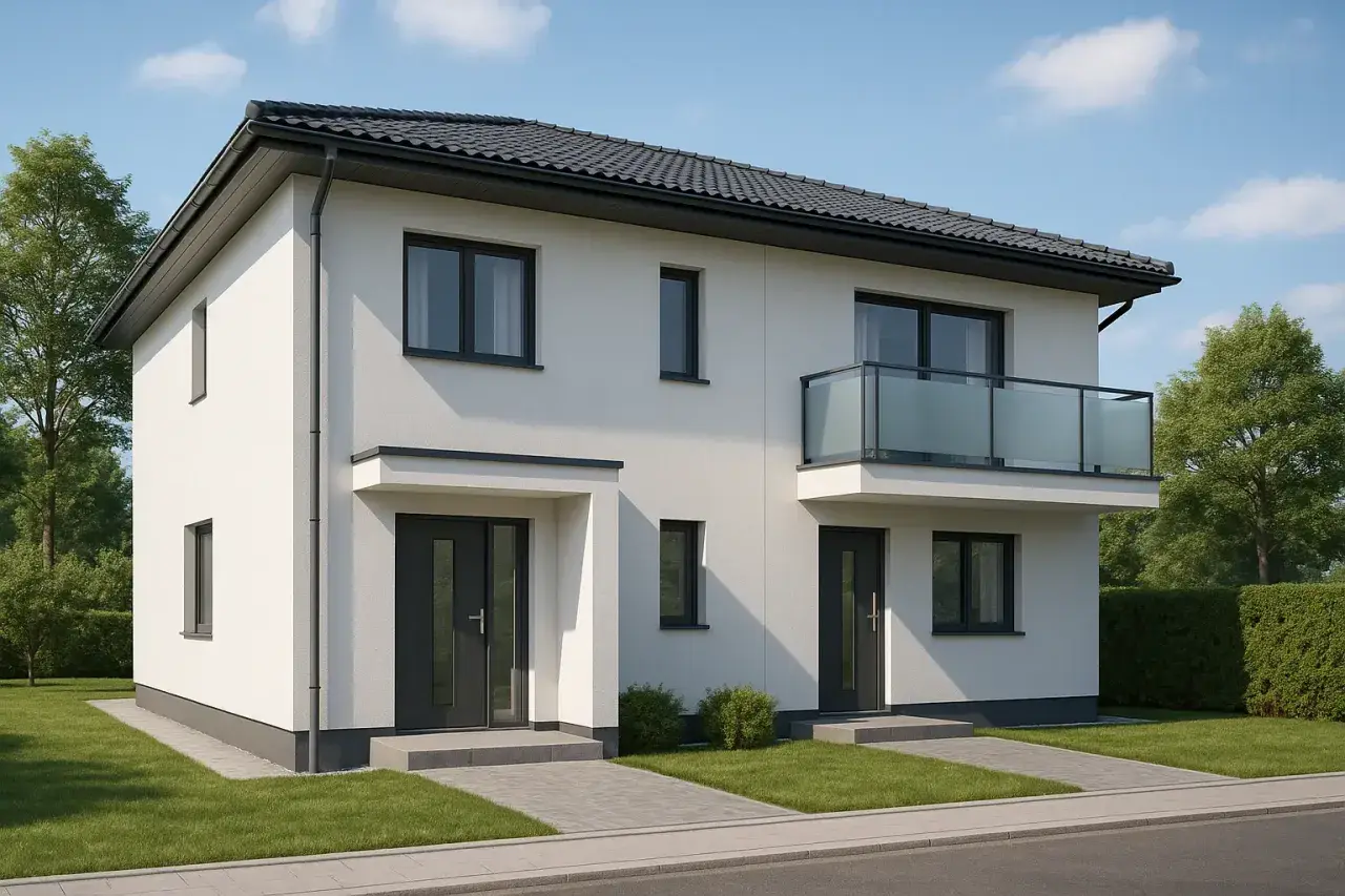 Nowoczesne projekty domów jednorodzinnych dwulokalowych z balkonem i dużymi oknami. Dwa wejścia, biała elewacja, szary dach.