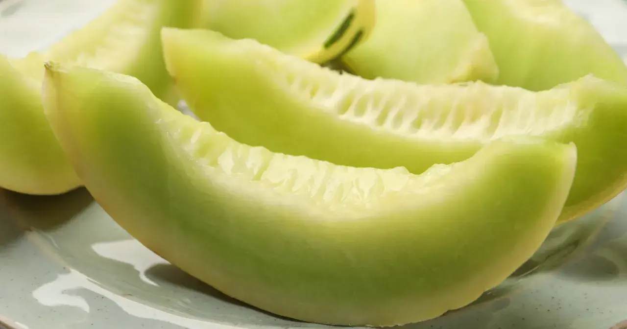 Soczyste kawałki zielonego melona na talerzu. Czy melon jest lekkostrawny? Tak, to świetny wybór na zdrową przekąskę.