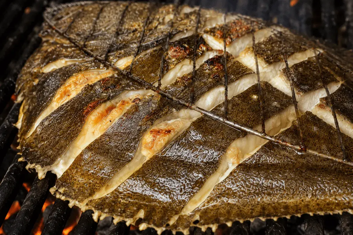 Rodaballo a la plancha, con cortes profundos en su piel oscura, se cocina sobre brasas ardientes, revelando su carne blanca y jugosa.