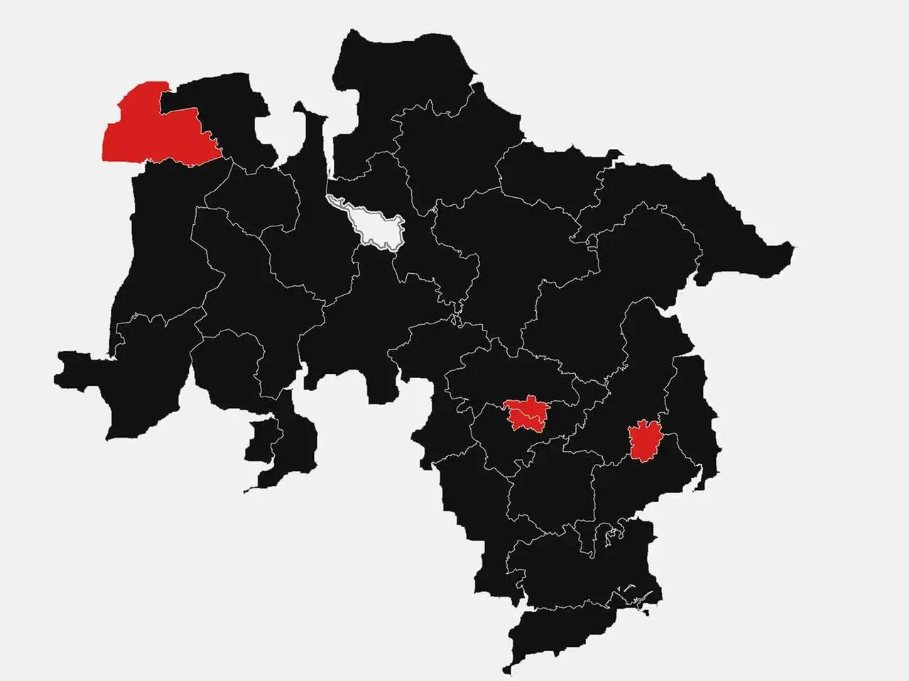 Karte von Niedersachsen mit hervorgehobenen Wahlkreisen in Rot.