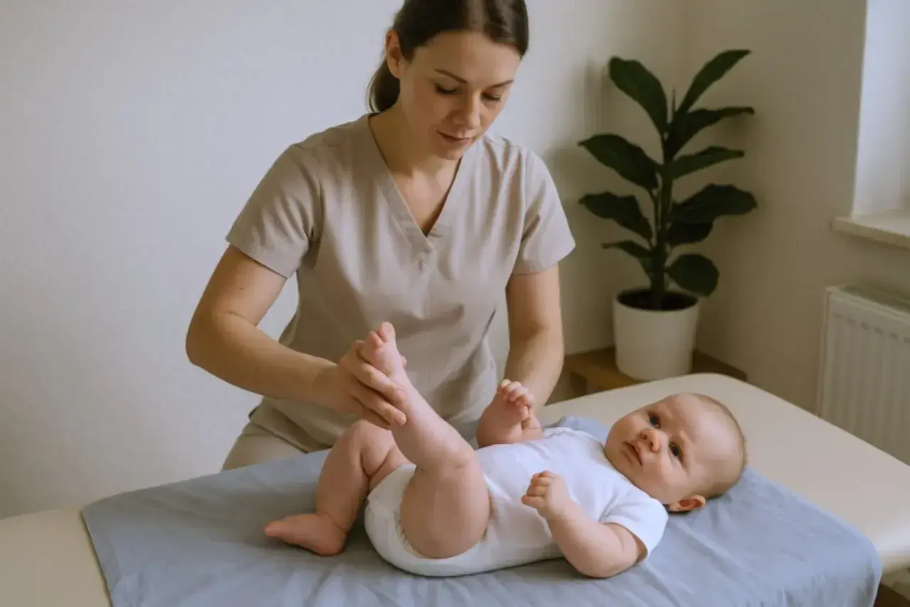 Fizjoterapeuta dla niemowląt delikatnie masuje nóżki maluszka, wspierając jego rozwój.