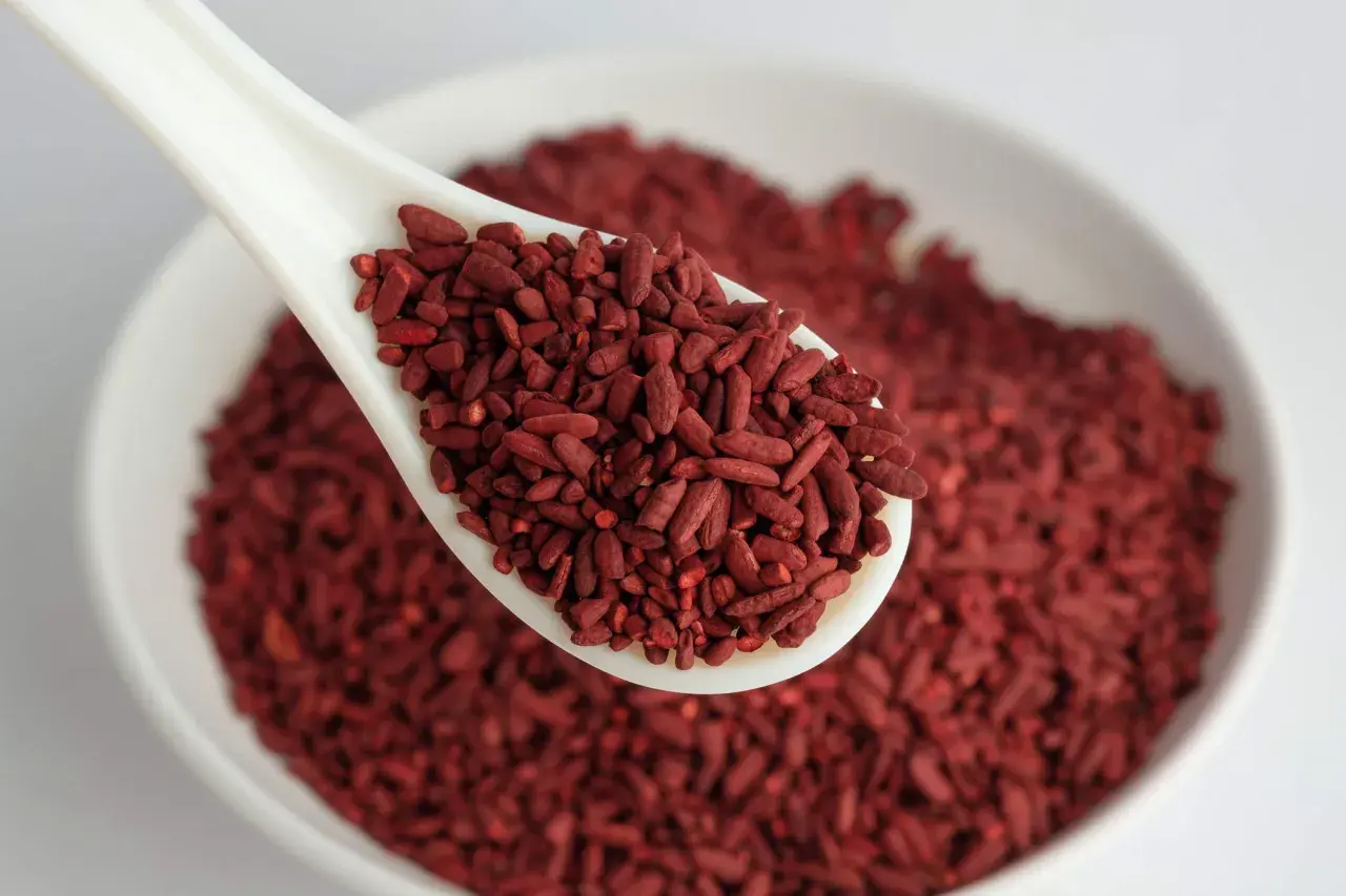 Un cucchiaio bianco pieno di riso rosso fermentato, un alimento noto per i suoi benefici. Per quanto tempo assumerlo? Chiedi al tuo medico.