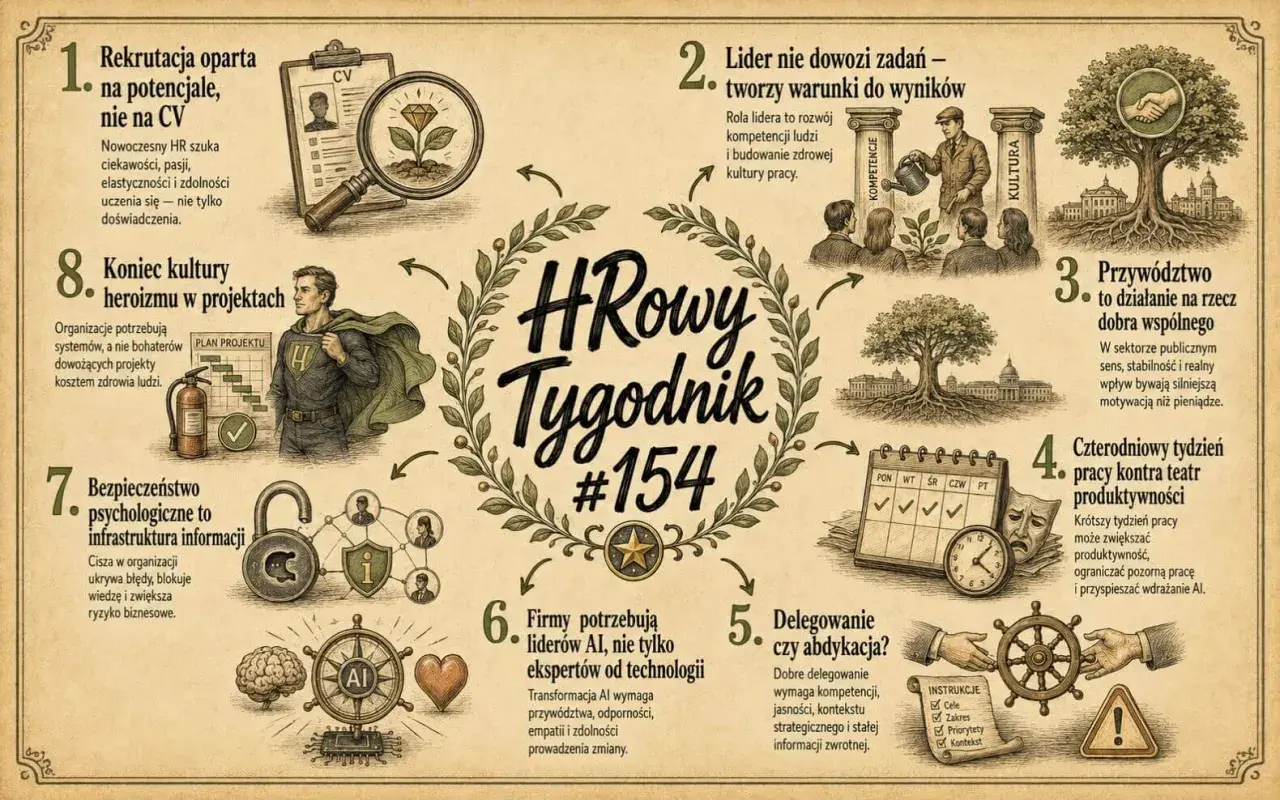 HRowy Tygodnik #154: Rekrutacja na potencjał, lider tworzy warunki, przywództwo dla dobra wspólnego, 4-dniowy tydzień pracy, delegowanie, liderzy AI, bezpieczeństwo informacji, koniec heroizmu. sobel każdego dnia tekst.