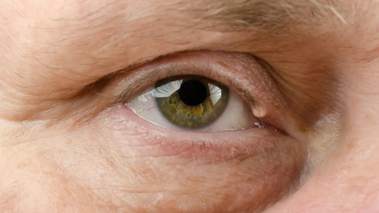Widoczny prosak na powiece, tuż przy kąciku oka. Skóra wokół oka jest pomarszczona, a tęczówka ma zielono-żółty odcień.
