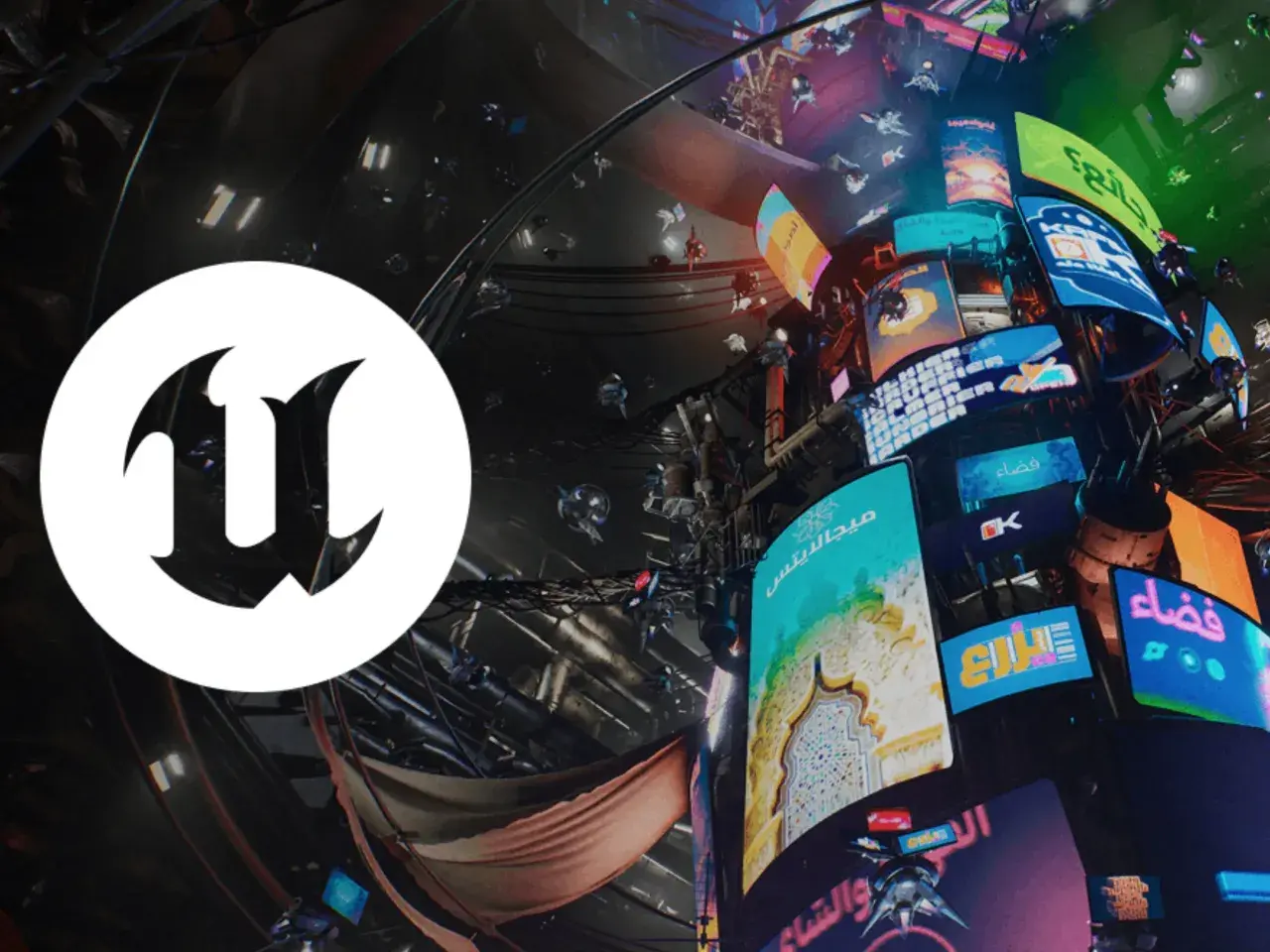 Logo Unreal Engine 6 na tle futurystycznego miasta z neonowymi reklamami i latającymi dronami.