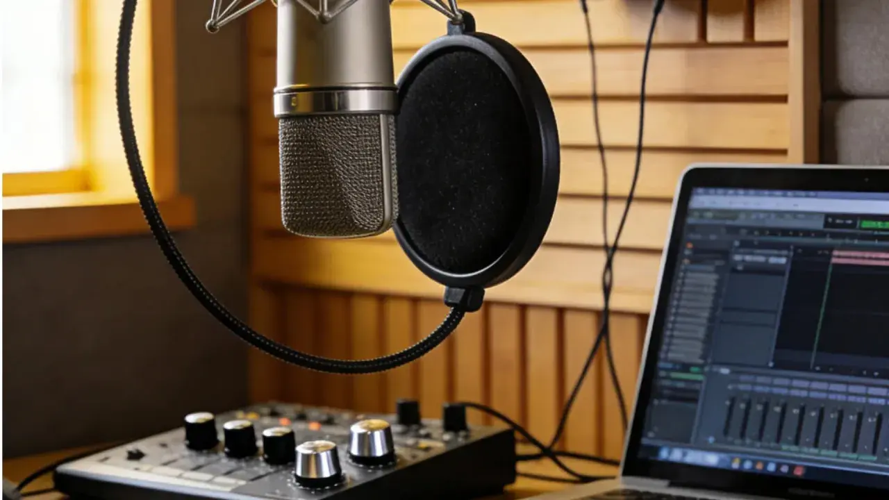 Microfono, mixer e laptop con software di editing audio: tutto l'occorrente per capire come fare un podcast di successo.