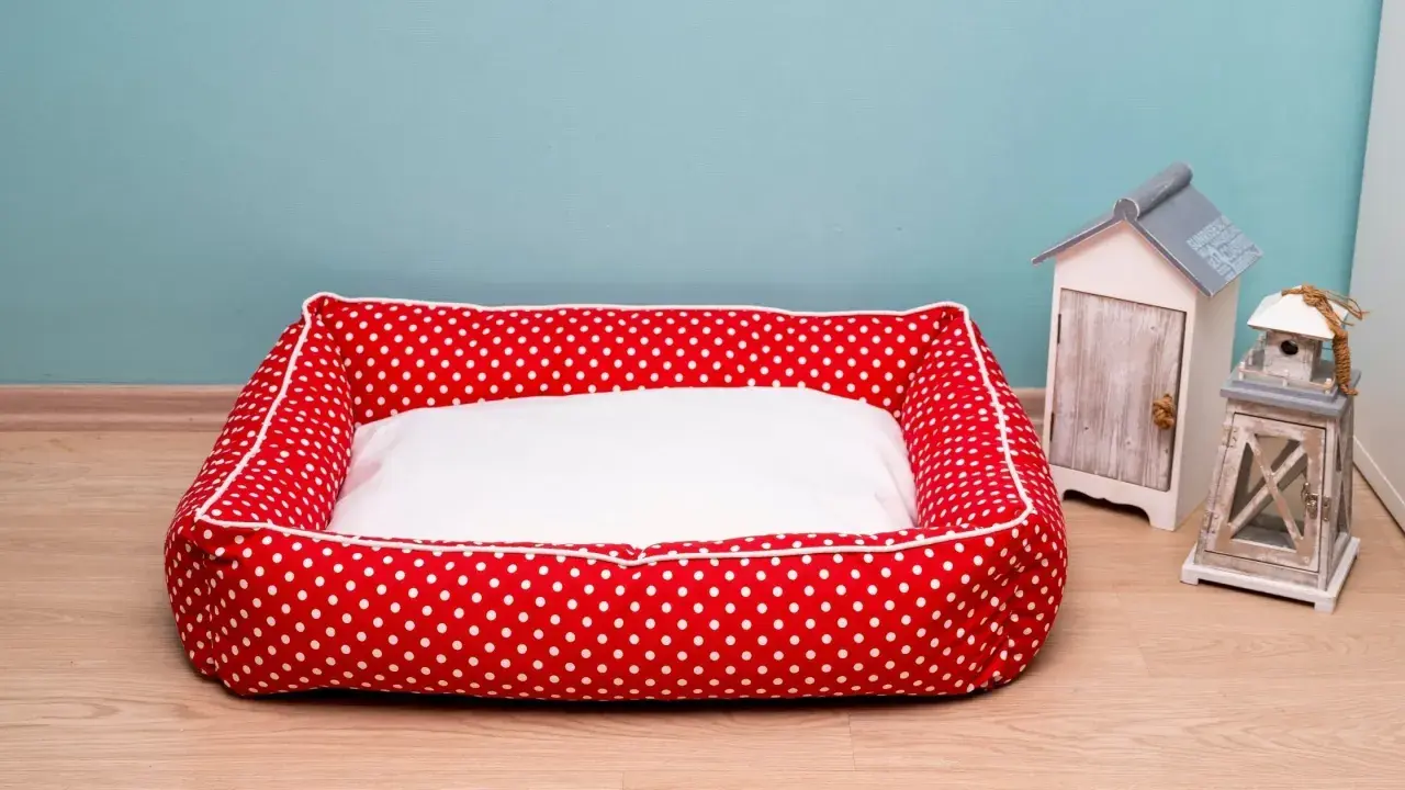 Rotes Hundebett mit weißen Punkten und weißer Liegefläche, bereit fürs hundebett waschen. Daneben stehen Deko-Häuschen.