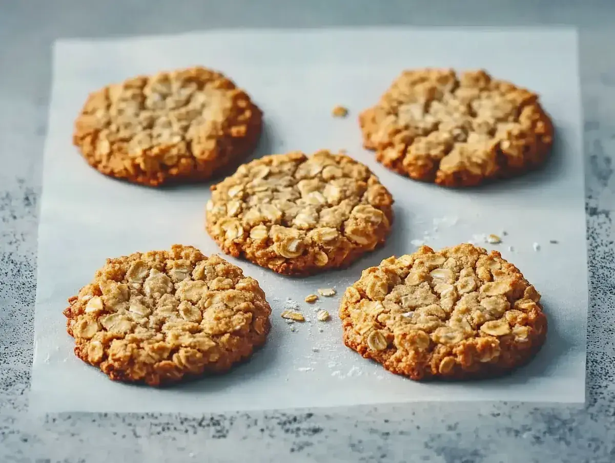 Fem gyllene glutenfria havrekakor ligger på bakplåtspapper. Perfekta för alla fika-stunder.