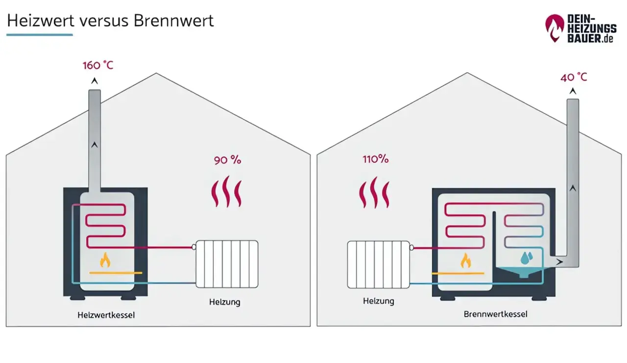 Vergleich von Heizwert und Brennwert: Ein Heizwertkessel verliert 90% Energie, ein Brennwertkessel nutzt 110% durch Kondensation.