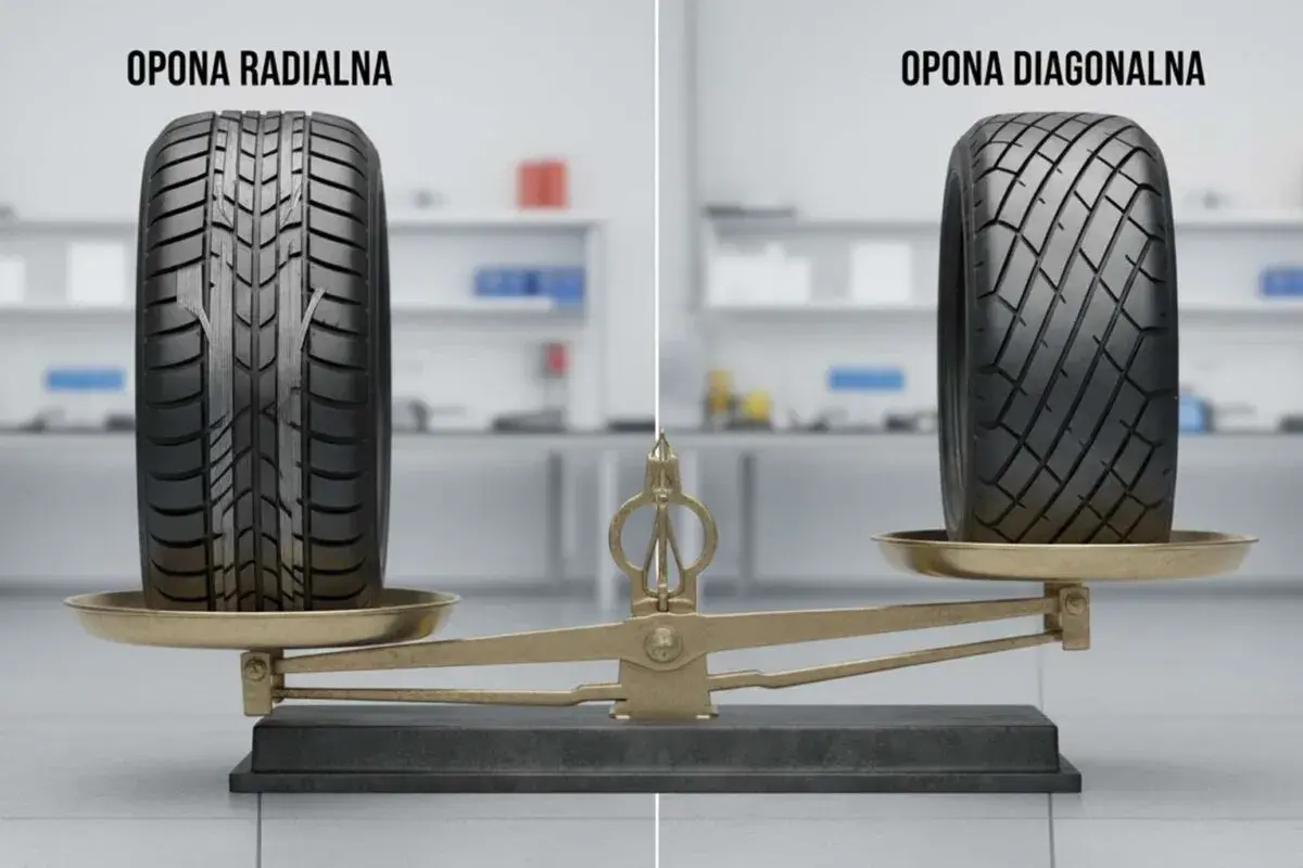 Opony radialne i diagonalne na wadze. Opona radialna po lewej, diagonalna po prawej.