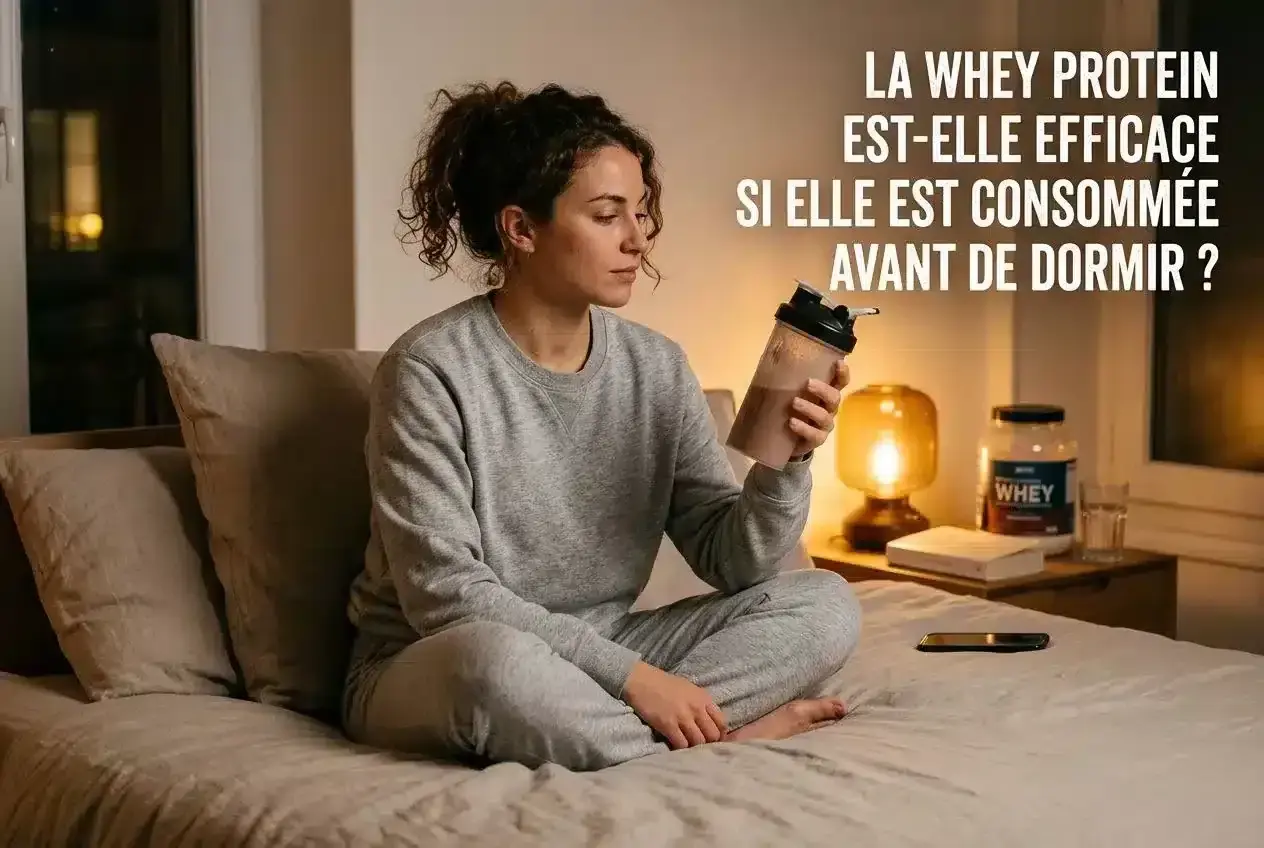Donna pensierosa con shaker di proteine prima di dormire. La whey protein è efficace se assunta prima di dormire?