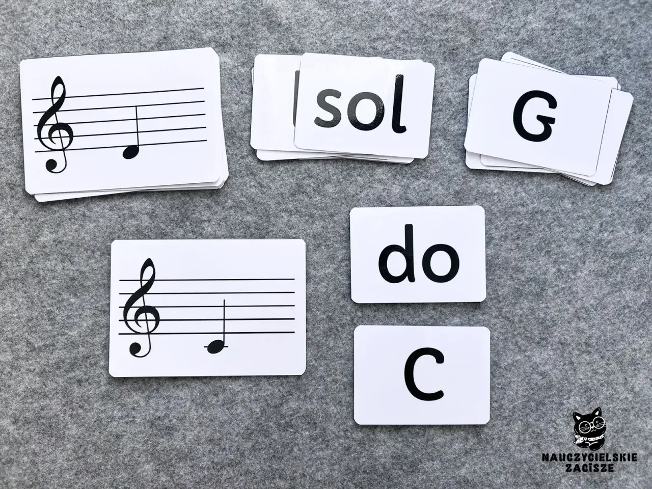 Nuty na pięciolinii dla dzieci: karty z nutami, literami "sol", "do", "G", "C" pomagają w nauce muzyki.