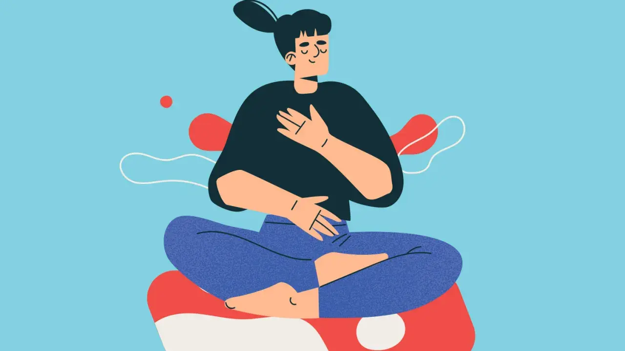 En person sitter i lotusställning med slutna ögon och händerna på bröstet och magen, en illustration som visar hur man kan lugna nervsystemet.