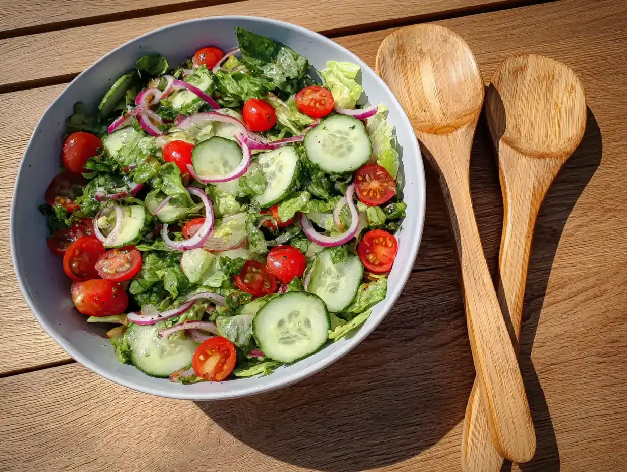 En fräsch sallad med krispig sallad, tomater, gurka och rödlök. Perfekt som tillbehör till grillmaten, en härlig vattenmelon sallad.