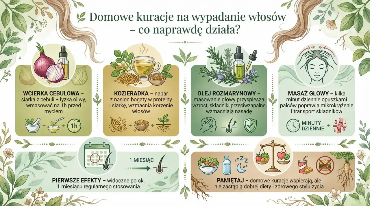Babcine sposoby na wypadanie włosów: wcierka cebulowa, napar z kozieradki, olej rozmarynowy i masaż głowy. Pamiętaj o diecie!