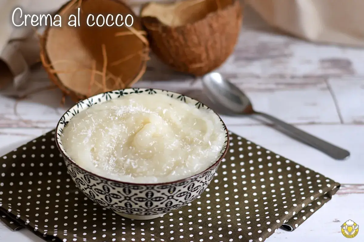 Una ciotola di deliziosa crema al cocco, guarnita con cocco grattugiato, accanto a gusci di cocco e un cucchiaio.