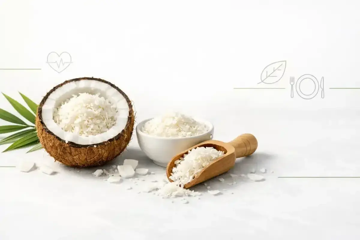 Połówka kokosa z wiórkami, miseczka i łopatka pełna wiórków. Czy wiórki kokosowe są zdrowe? Tak, to naturalny produkt.