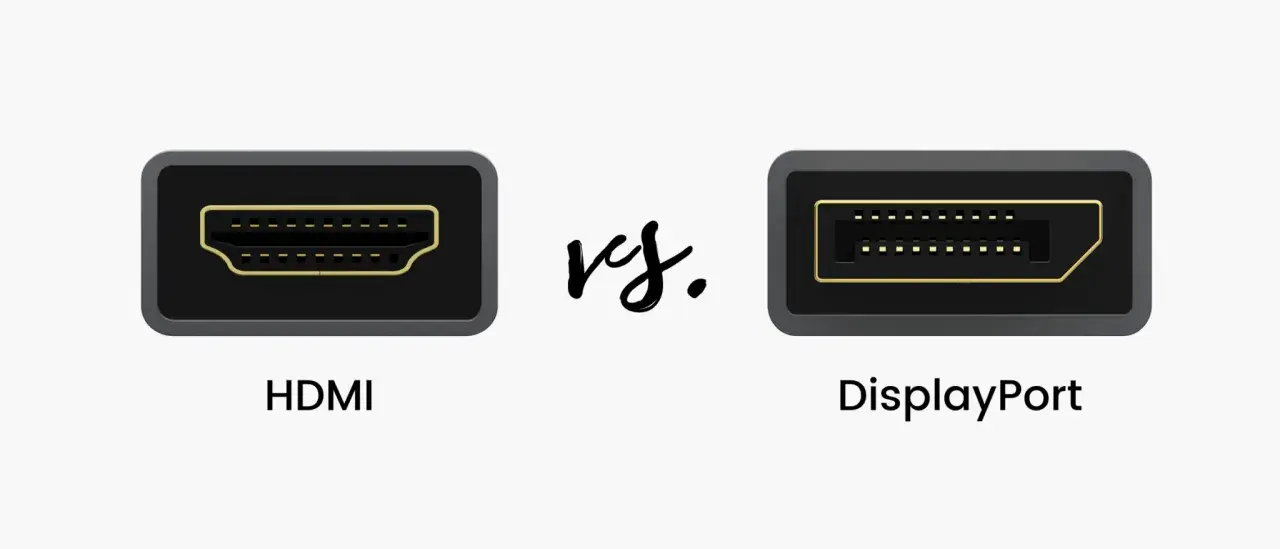 Nahaufnahme von HDMI- und DisplayPort-Anschlüssen, die den Unterschied zwischen den beiden Schnittstellen zeigen.