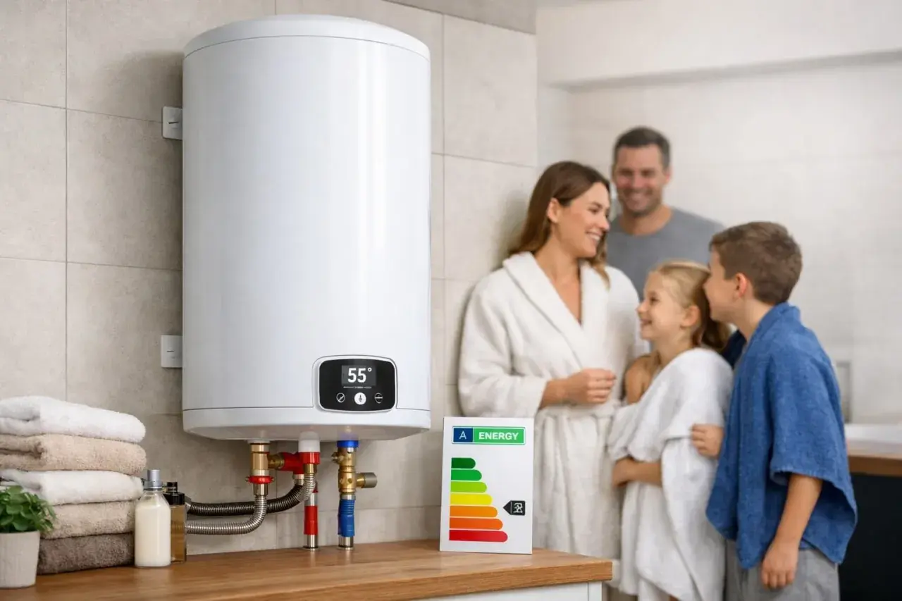 Rodzina cieszy się ciepłą wodą z nowoczesnego bojlera. Energooszczędny boiler to komfort i oszczędność.