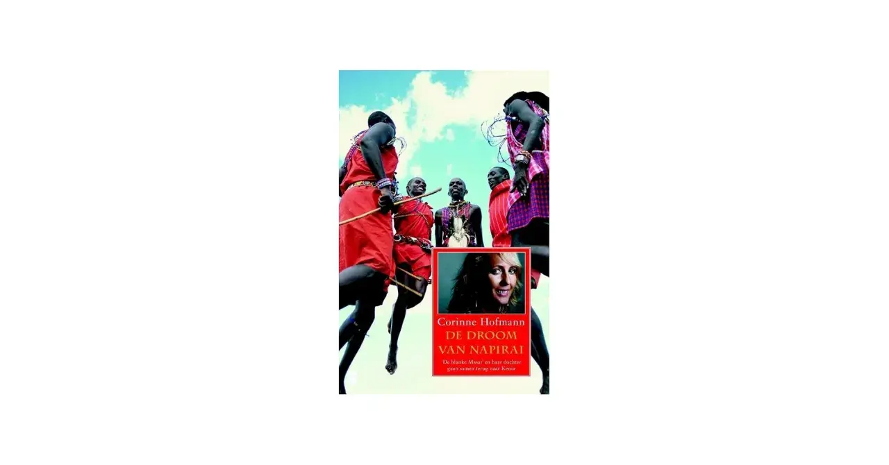 Masai-Krieger springen, im Vordergrund ein Porträt von Corinne Hofmann.