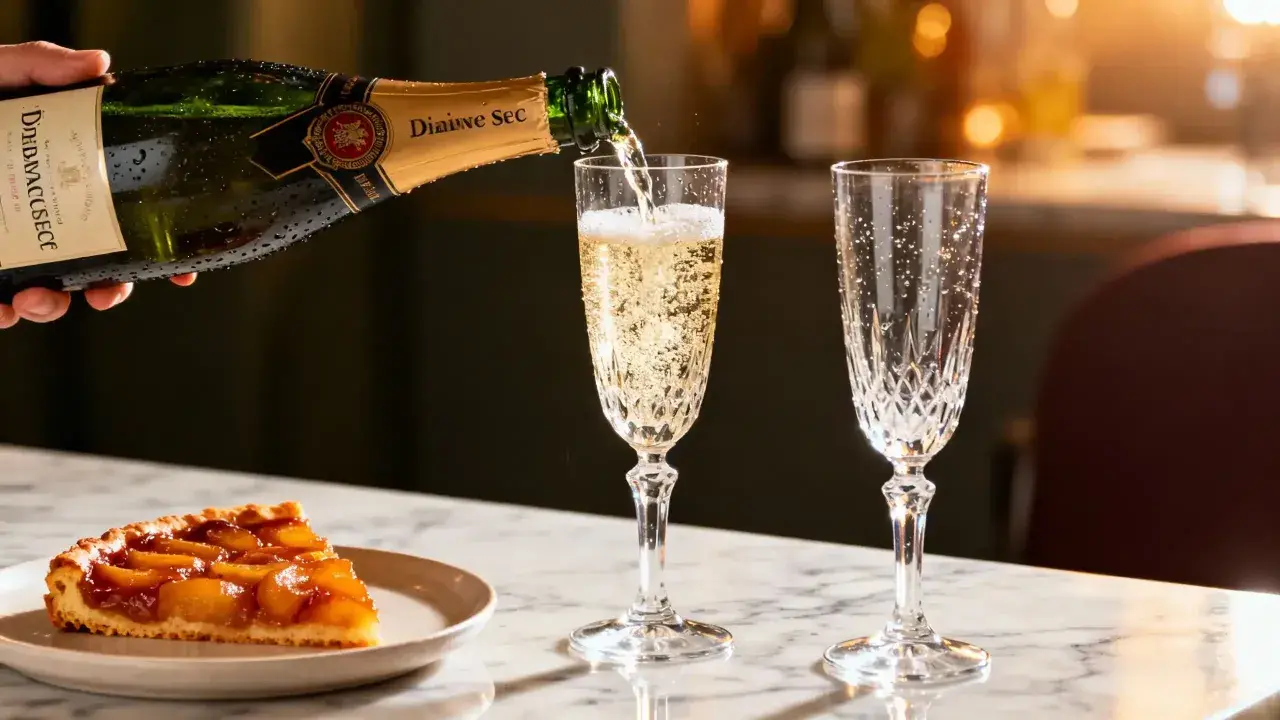 Une coupe de tarte aux fruits caramélisés est servie avec un verre de vin de dessert pétillant, versé d'une bouteille de champagne.