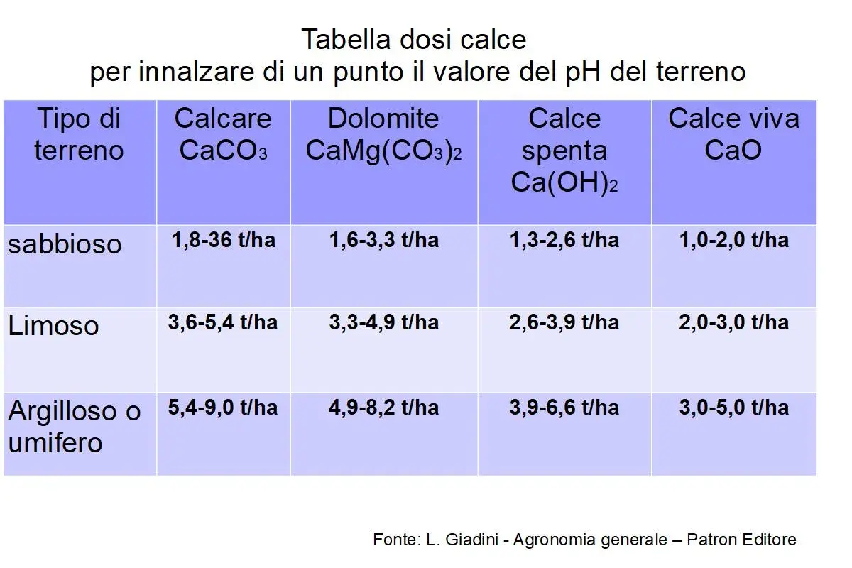 Tabella dosi calce per innalzare il pH del terreno. Indica a cosa serve la calce, con dosaggi per terreni sabbiosi, limosi e argillosi.